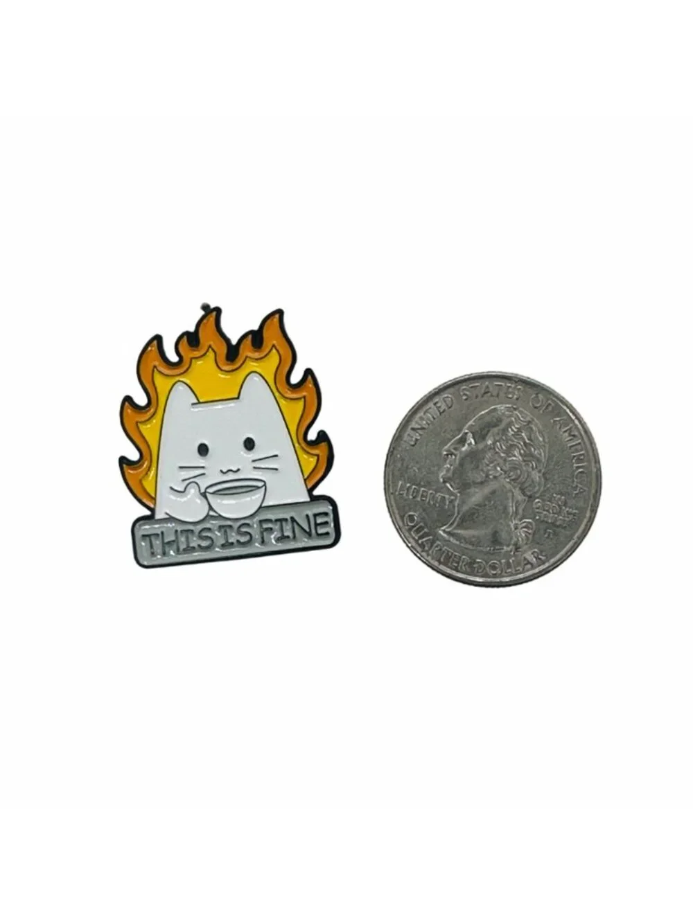 ✨This Is Fine Cat On Fire Sipping Tea Enamel Pin Animal Broch White Cat Cartoon✨